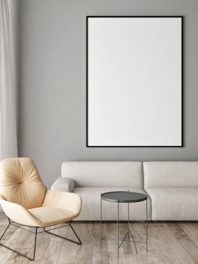 İskandinav iç kavramı, kanepe, koltuk ve masa, 3d render, 3d çizim posterdeki kadar alay