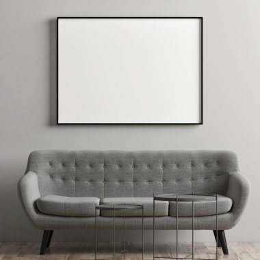 Poster rahat gri kanepe, 3d render, 3d çizim ile alay