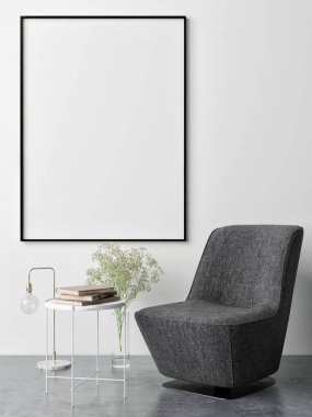 Alay kadar poster, minimalizm konsept tasarımı, Dekorasyon, 3d render, 3d çizim ile koltuk