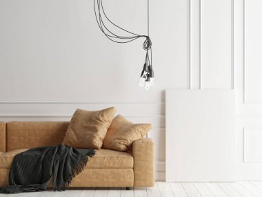 Posteri, İskandinav dekorasyonunu, stüdyo, kanepe ve ampulleri, 3D tasarımı, 3D dekorasyonu,