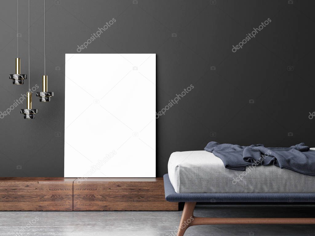 Mock up poster in dark bedroom, Retro design studio, 3d render, 3d illustrtion