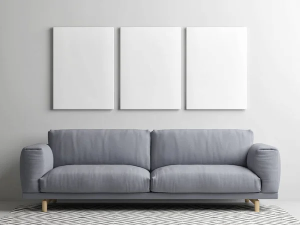 Mockup Posters Grey Sofa Minimalism Background Design Render Illustrate — Stock Photo, Image
