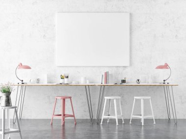 Çalışma temposunda poster, ürün sunumu için poster, İskandinav dekorasyon arka planı, 3D resim, 3D resim