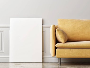 Posteri hazırla, oturma odası, sarı kanepe, 3D resim, 3D resim.