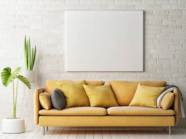 モックアップポスター 黄色のソファ付きのリビングルーム 3Dレンダリング 3Dイラスト — ストック写真