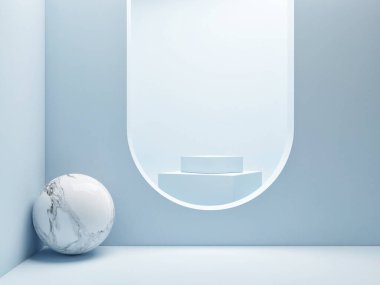 Bir kompozisyon oluşturun, ürün sunumu için kazanan podyum, mavi arkaplan, 3d resim, 3d illüstrasyon