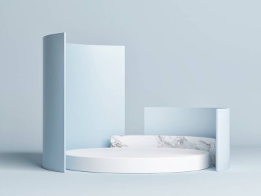 Mockup ödüllü podyum, ürün sunumu için geometrik kompozisyon, mavi arkaplan, 3d görüntüleme, 3d illüstrasyon