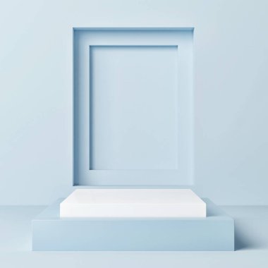 Proje sunumu için geometrik podyumu, mavi arkaplan, 3d görüntüleme, 3d illüstrasyon