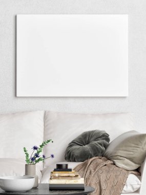 Posteri, İskandinav oturma odası tasarımını, 3 boyutlu çizimi, 3 boyutlu illüstrasyonları.