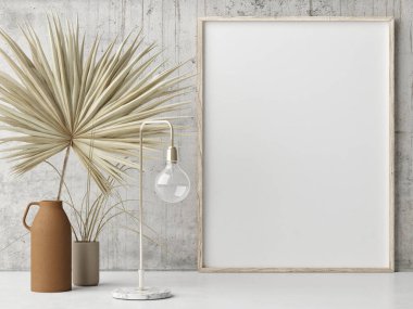 Beton duvara poster kompozisyonu, 3 boyutlu illüstrasyon, 3 boyutlu çizim