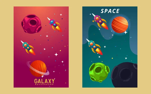 Huge universe vector brochure cards. Outline outer space rocket template of flyear, magazines, posters, book cover, banners. Colorful thin line set. Background. vector illustration — Stock Vector