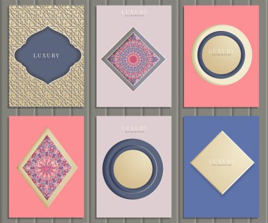 Logo broşürlü Lüks Altın Artistik Sayfalar. Klasik sanat kimliği, çiçek, dergi. Geleneksel, İslam, Arap, Hintli. Vektör İllüstrasyonu