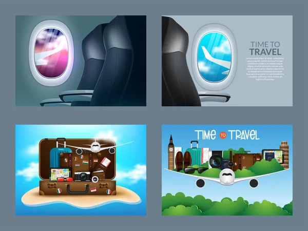 Reistijd. Zomervakantie. Vector concept banners met de set van reizen en toerisme pictogrammen. Vector Illustratie — Stockvector