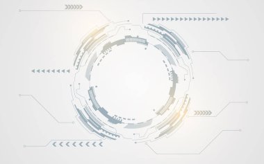 Gri beyaz soyut teknoloji geçmişi ve çeşitli teknoloji unsurları yüksek teknoloji iletişim konsepti. Vektör illüstrasyonu