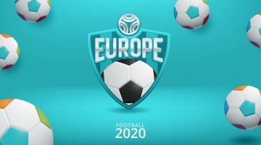 Vektör çizimi. 2020 Avrupa futbol kupası. Turkuaz arka planda top grafik tasarımı. Vektör illüstrasyonu