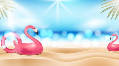 Parlak okyanusları ve mavi gökyüzü olan yaz tatili afişleri. Vektör illüstrasyonu