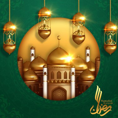 Ramazan Kareem posteri, ramazan fenerleri asan Arapça yazı. Vektör illüstrasyonu