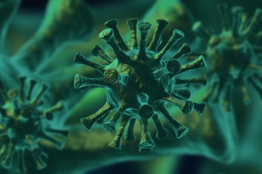 Kanın mikroskop altında grip COVID-19 virüsü görüntüsü. Coronavirus Covid-19 salgını geçmişi. 3B Hazırlama