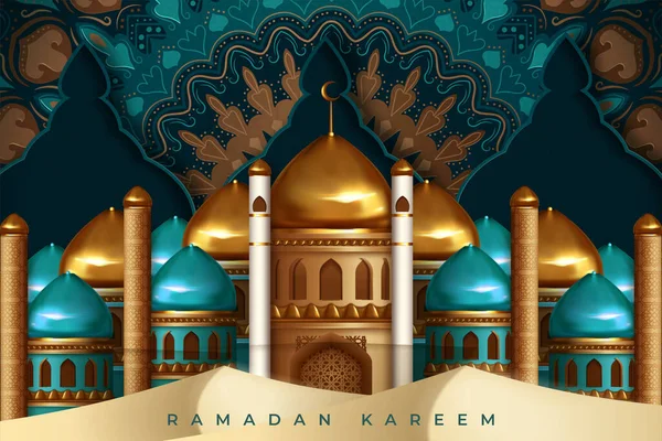 Рамадан Карим Приветствует Мечетью Каллиграфическими Надписями Ручной Работы Векторная Иллюстрация — стоковый вектор