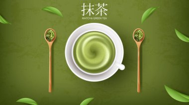 Fotokopi alanı olan yeşil çay sütlü latte bardağı. Japonca kanji kelimeleriyle eşleşiyor. Vektör illüstrasyonu