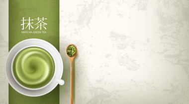 Bir fincan Matcha yeşil çayını kapatıver geç saatte sıcak sanat içeceği. Vektör illüstrasyonu