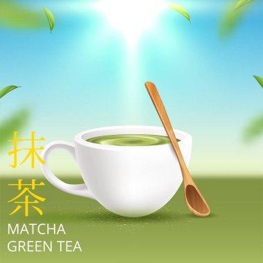 Parlak bir arka planda matcha latte. Vektör illüstrasyonu