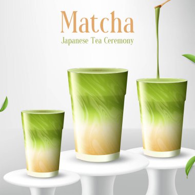 Fotokopi alanı olan yeşil çay sütlü latte bardağı. Japonca kanji kelimeleriyle eşleşiyor. Vektör illüstrasyonu