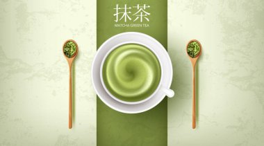 Bir fincan Matcha yeşil çayını kapatıver geç saatte sıcak sanat içeceği. Vektör illüstrasyonu
