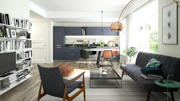 Sala de estar moderna com uma cozinha aberta — Fotografia de Stock