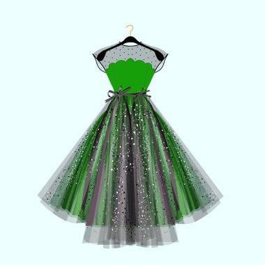 Güzel parti elbise. Yeşil elbise ile rhinestones. Vektör moda çizim. Özel bir olay için elbise.