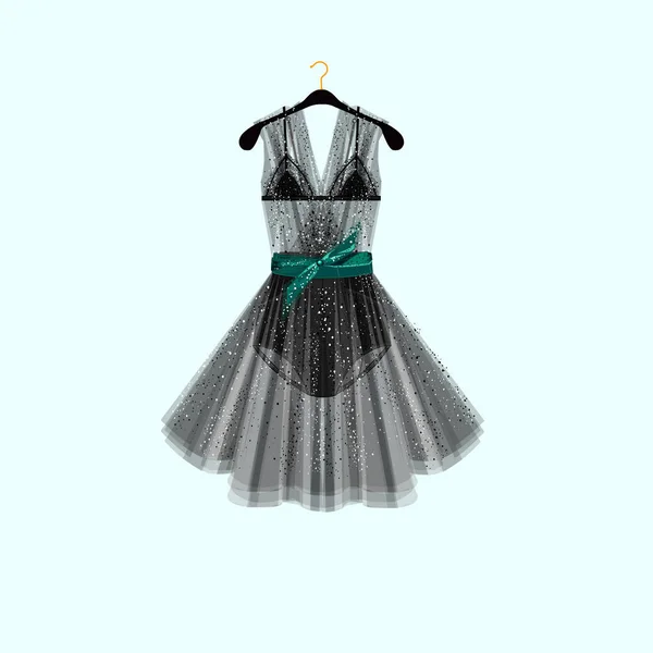 Vestido negro para evento especial. Vestido con elementos de lencería y pedrería. Ilustración de moda vectorial . — Vector de stock