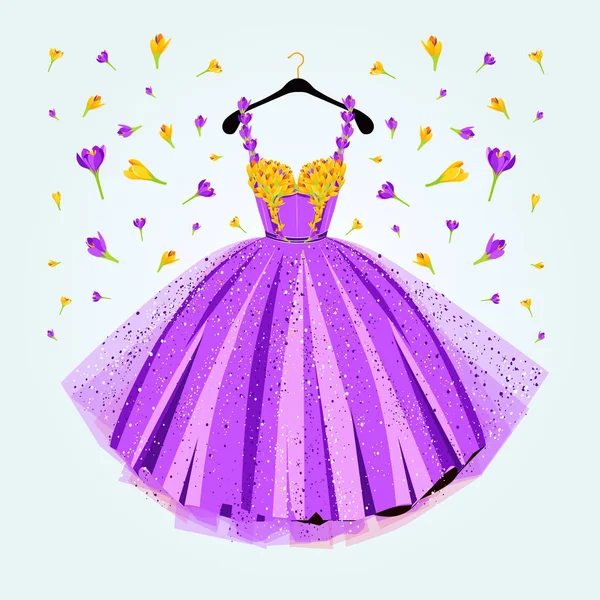 Party purple dress with flower decor. Fashion vector illustration — Stock Vector