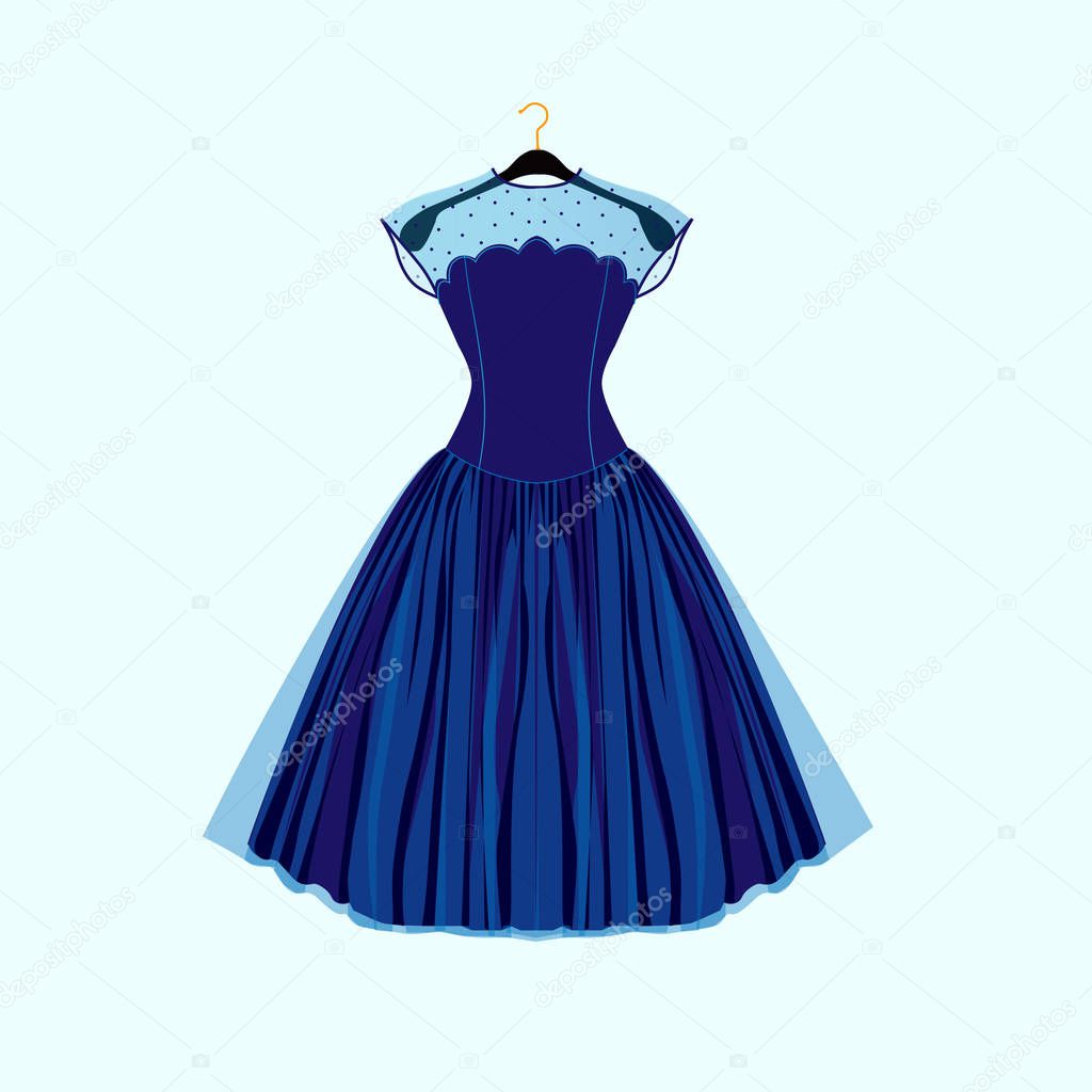 Blue retro style dress. Vector fashion illustration.