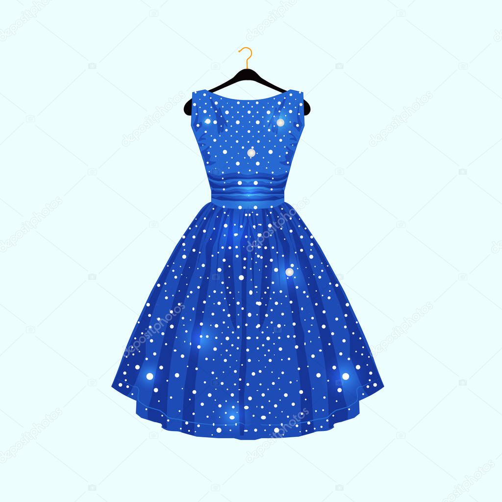Blue dress with white dots. Vector fashion illustration.