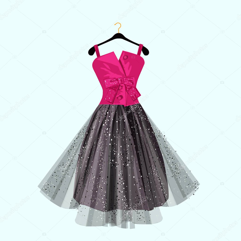  Pink and dark party dress with bow. Vector fashion illustration.