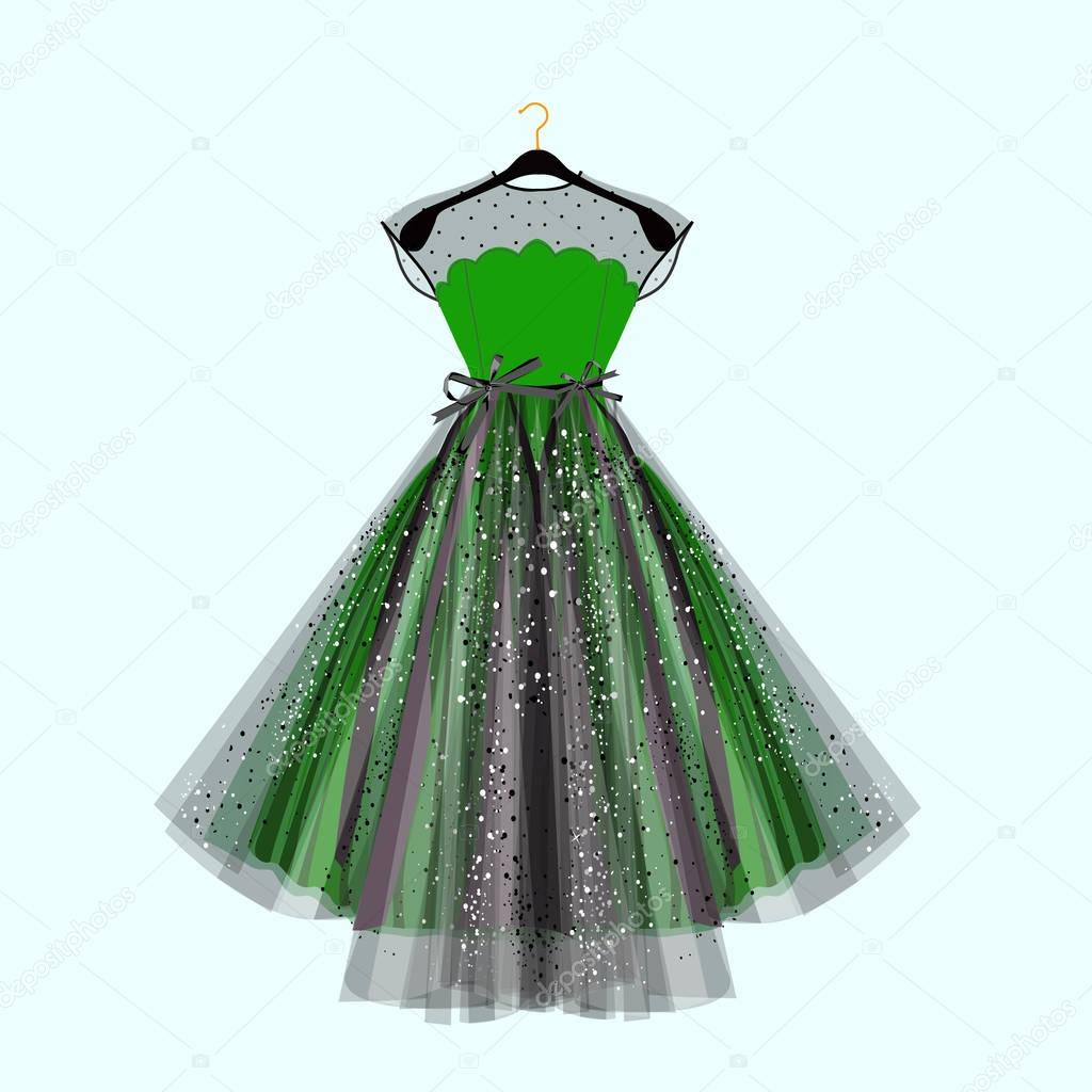 Beautiful party dress. Green dress with rhinestones. Vector fashion illustration. Dress for special event.
