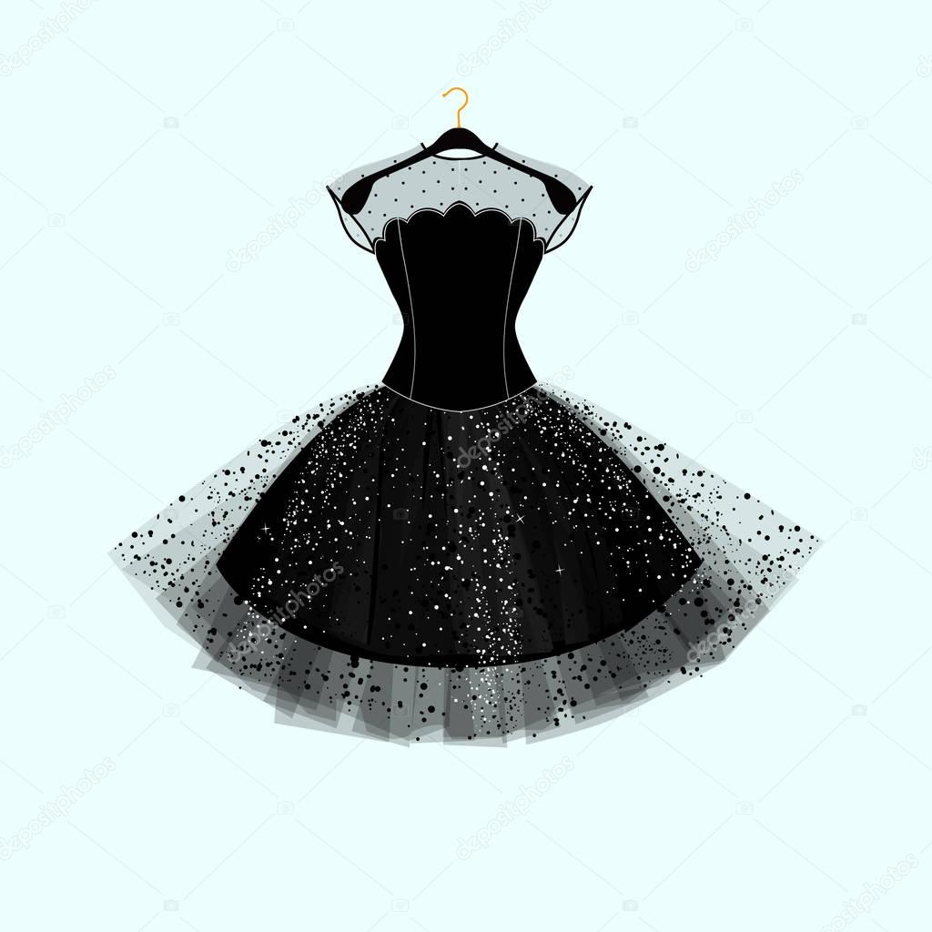 Black dress. Party dress. Vector fashion illustration