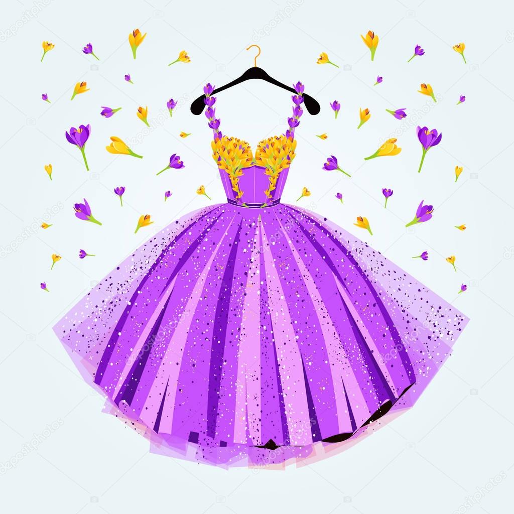 Party purple dress with flower decor. Fashion vector illustration