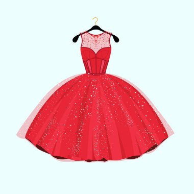 Kırmızı uzun elbise. Rhinestones ile elbise. Moda vektör çizim
