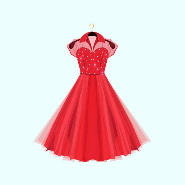 Красное платье в стиле ретро. Векторная мода. Платье с жемчужным декором
.