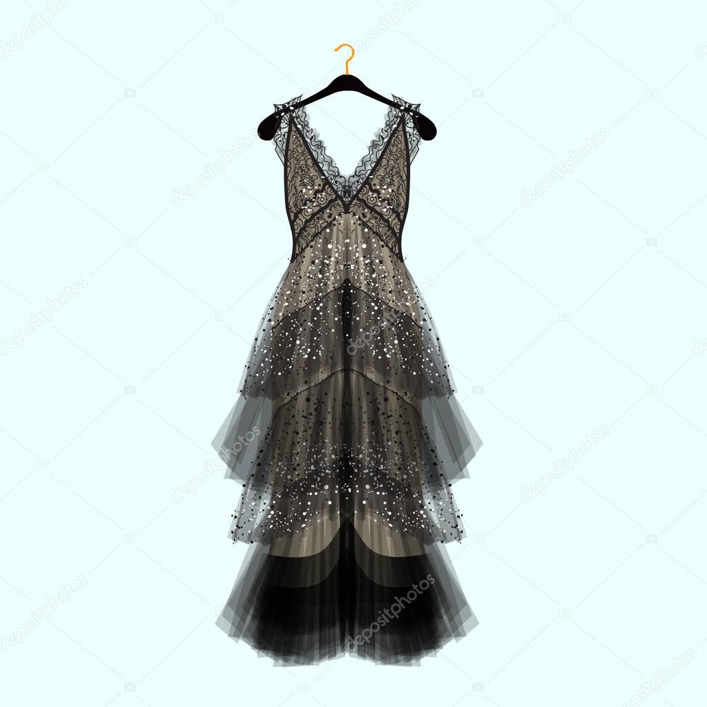 Retro style dress with rhinestones. Celebrity dress.Luxury dress. Fashion vector illustration
