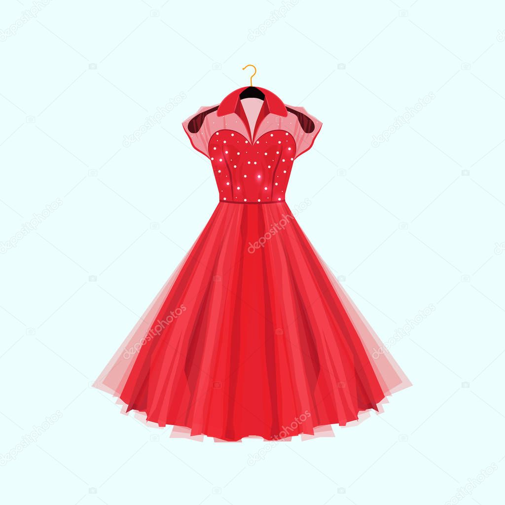 Retro style red party dress. Vector fashion illustration. Dress with pearls decor.