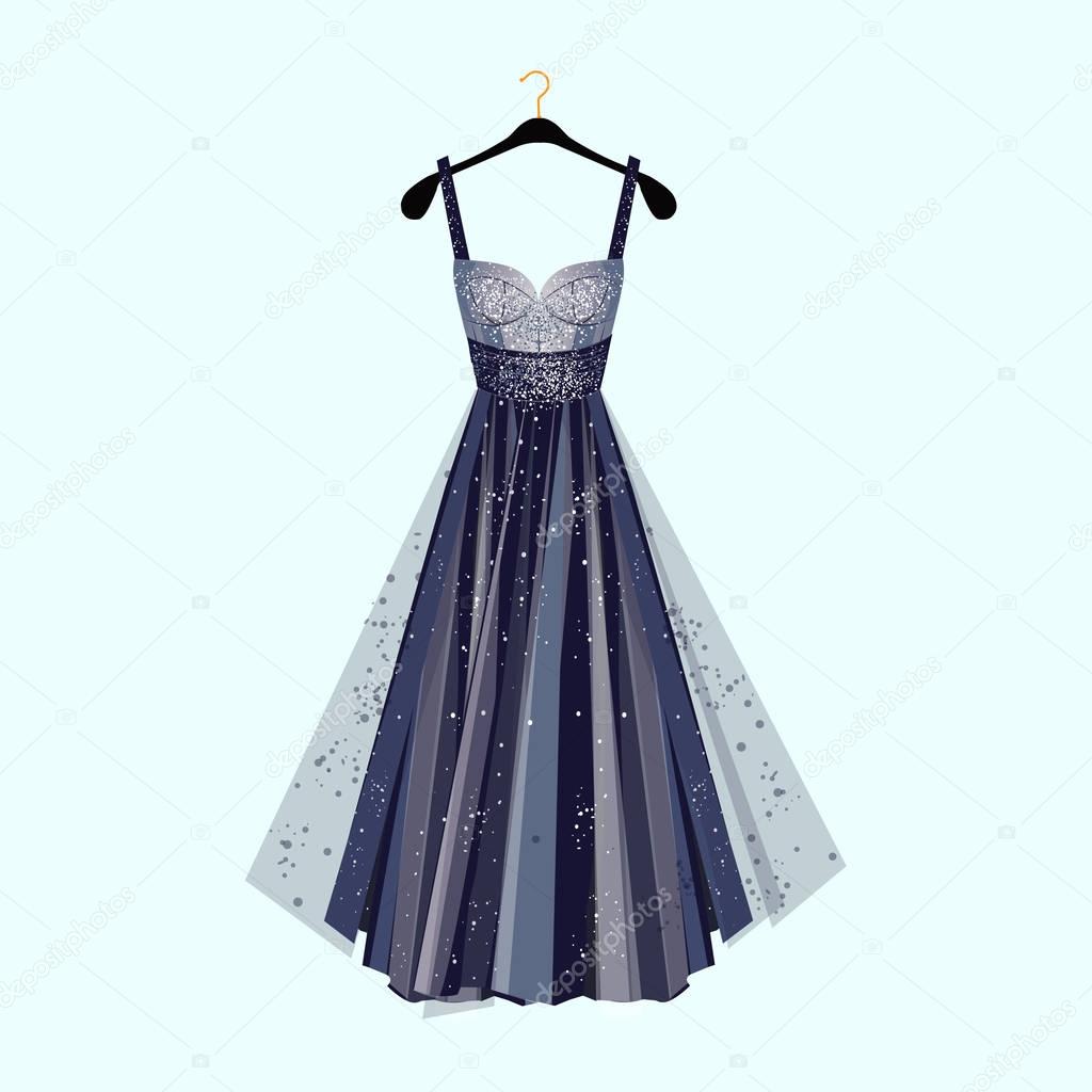 Long dress for special event. Dress with rhinestones  Fashion vector illustration