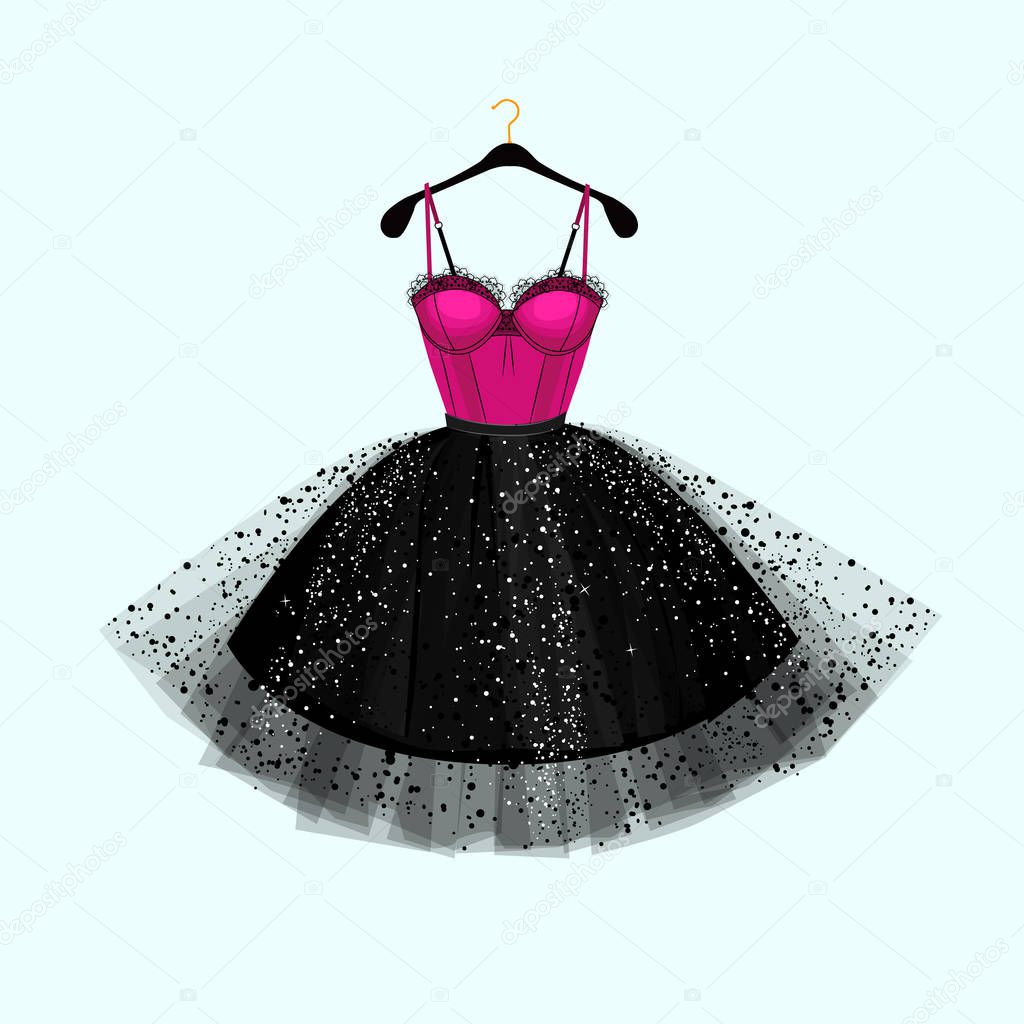 Vector fashion illustration. Dress for special event. Pink and black dress.