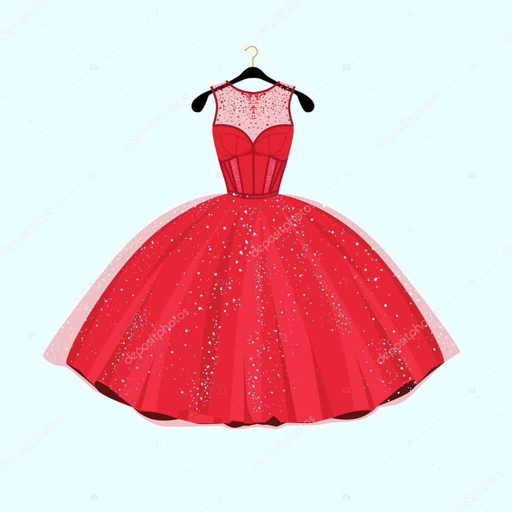 Red long dress. Dress with rhinestones. Fashion vector illustration