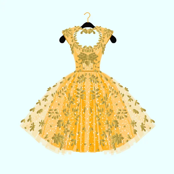 Gyönyörű arany ruhát. Party ruha divatos díszítéssel. Divat illusztráció — Stock Vector