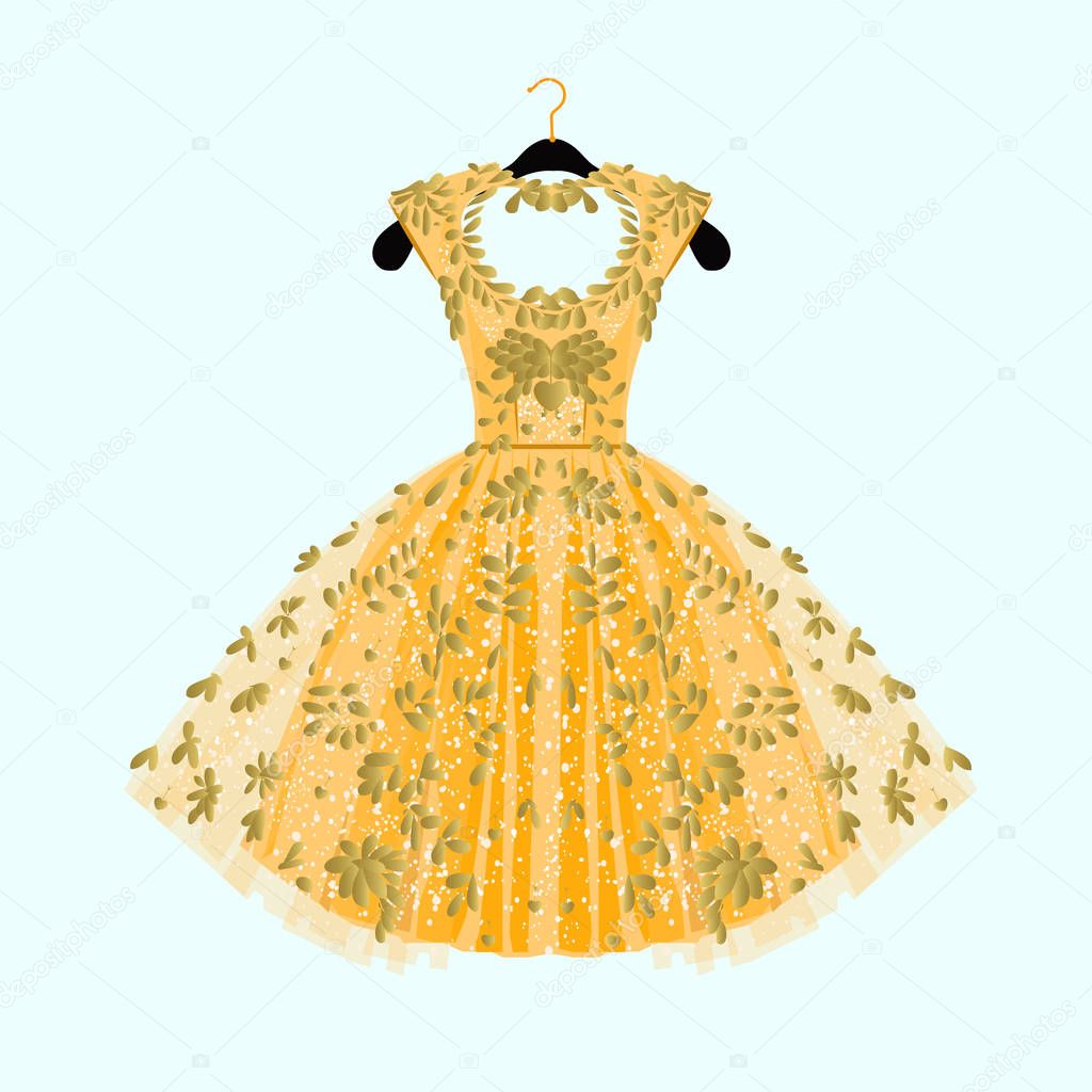 Gorgeous golden dress. Party dress with fancy decor.Fashion illustration