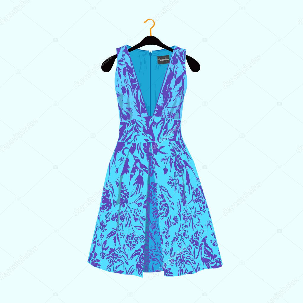 Party dress with flower print.Fashion illustration for  shop catalog.
