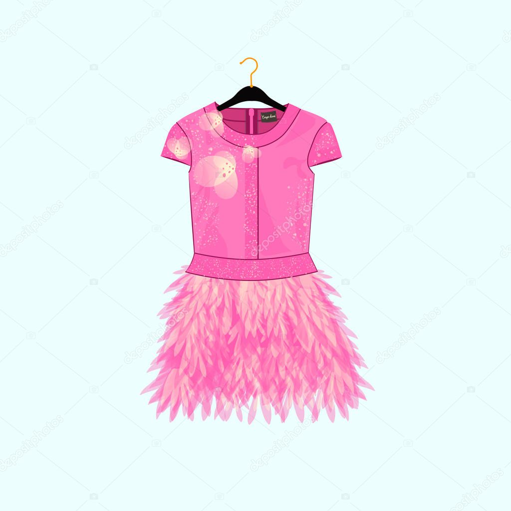 Pink party dress with feather decor. Fashion illustration for shopping catalog