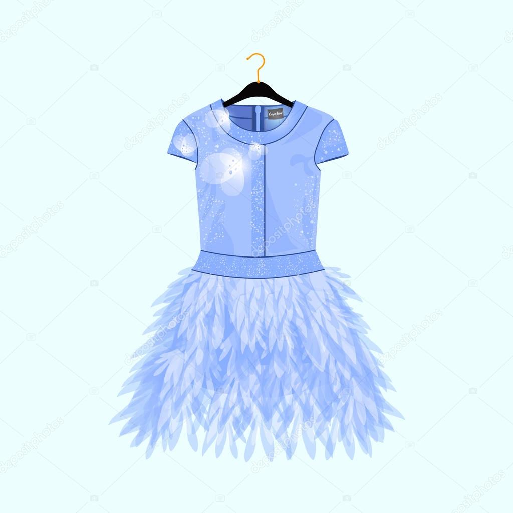 Light blue party dress with feather decor. Fashion illustration for shopping catalog